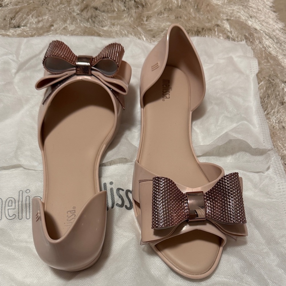 Melissa Women's Nude Peep Toe Flats with Metallic Bow